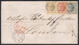 1870 (27 Mar) Envelope To London Bearing A Spectacular Three - Colour Franking Of The 1864-70 2sk Blue, 4sk... - Altri & Non Classificati