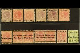 1888-1890 SURCHARGE VARIETIES. 1888-90 2c On 4c With Inverted Surcharges SG 202a, 203a (x2), 204a, 210a &... - Ceylon (...-1947)