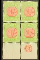 POSTAGE DUES 1913 - 23 1s Scarlet And Pale Yellow Green, SG D85, Bottom Margin Block Of 4 Showing The JBC Mongram,... - Other & Unclassified