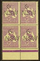 OFFICIAL 1932 9d Violet Roo (as SG 133, BW 29) With "G / NSW" Perfin, A Never Hinged Mint Marginal BLOCK OF FOUR.... - Other & Unclassified