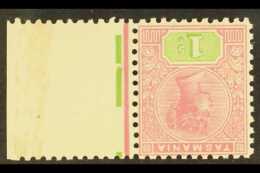 TASMANIA 1906 1s Rose And Green, Perf 11, Wmk Crown Over A, Variety "Wmk Inverted", SG 257a Var, Superb Marginal... - Other & Unclassified