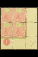 TASMANIA 1906 1s Rose And Green, Wmk Crown Over A, Perf 11, SG 257a, Variety "Wmk Inverted", 2 Stamps With Corner... - Other & Unclassified