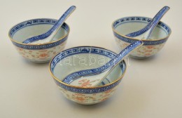 Kínai Porcelán Leveses Tálak, 3 Db + 3 Db Porcelán Kanál, Jelzett, D: 11,5 Cm,... - Altri & Non Classificati