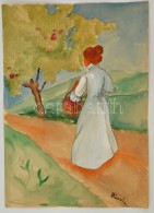 Rónai Jelzéssel: Sétáló Hölgy Kosárral. Akvarell-szén,... - Andere & Zonder Classificatie