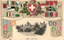 ** T4 Caux, Palace Hotel, Swiss Coat Of Arms And Stamps, Atelier K. Guggenheim & Cie 16544. Emb. Litho... - Non Classificati