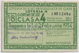 Románia 1934. 'Loteria De Stat Romania' Román Állami Lottó Negyedik Osztály Egy... - Non Classificati