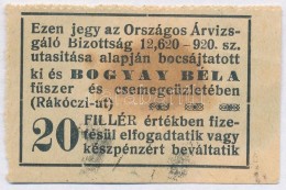 Budapest / Országos Központi Árvizsgáló Bizottság 1920. 20f 'Bogyay... - Zonder Classificatie