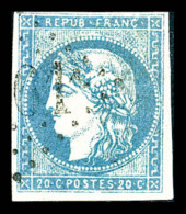 O N°44Ac, 20c Bleu Clair Type I Report 1 Obl GC, TB (signé Brun/certificat)   Cote: 700 Euros  ... - 1870 Ausgabe Bordeaux