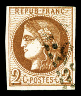 O N°40Bc, 2c CHOCOLAT FONCE, Rep 2, SUPERBE NUANCE, R.R.R (certificat)   Cote: 4250 Euros   Qualité: O - 1870 Bordeaux Printing