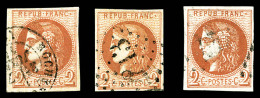 O N°40B, 2c Bordeaux: 3 Exemplaires Avec Nuances Différentes. TTB (signés Brun/Scheller)     ... - 1870 Ausgabe Bordeaux
