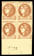 ** N°40A, 2c Chocolat Clair Report 1 En Bloc De Quatre Bord De Feuille (2ex*), Fraîcheur Postale,... - 1870 Bordeaux Printing