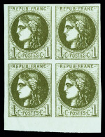 ** N°39C, 1c Olive Report 3 En Bloc De Quatre Coin De Feuille (2ex*), Fraîcheur Postale, SUP... - 1870 Emission De Bordeaux