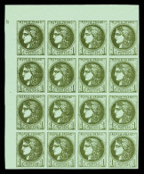 ** N°39C, 1c Olive Report 3, Bloc De 16 Exemplaires Coin De Feuille Avec Petits Chiffres '15' Dans La Marge.... - 1870 Ausgabe Bordeaux