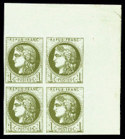 ** N°39B, 1c Olive Report 2 En Bloc De Quatre Grand Coin De Feuille Avec Petit Chiffre '1', FRAÎCHEUR... - 1870 Bordeaux Printing