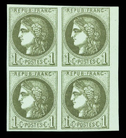 ** N°39A, 1c Olive Report 1 En Bloc De IV Bord De Feuille, Fraîcheur Postale, SUP (certificat)     ... - 1870 Bordeaux Printing