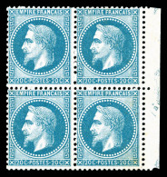 * N°29B, 20c Bleu Type II En Bloc De Quatre, Bord De Feuille Latéral Droit, TB (certificat)   Cote: 1450... - 1863-1870 Napoleon III Gelauwerd