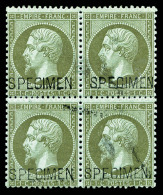 ** N°19f, 1c Vert-olive Surchargé 'SPECIMEN' En Bloc De Quatre, Fraîcheur Postale, R.R. SUP... - 1862 Napoléon III.