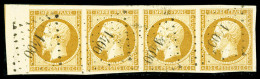O N°13Aa, 10c Jaune-citron, Bande De Quatre Bord De Feuille Latéral Avec Liseret Partiel. R.R. SUP... - 1853-1860 Napoleon III