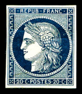 * N°8a, Non émis, 20c Bleu Foncé, Grande Fraîcheur, RARE Et TTB (certificat)   Cote: 3800... - 1849-1850 Cérès