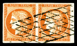 O N°5, 40c Orange En Paire Obl Grille Sans Fin, Petit Bord De Feuille Latéral, TTB (certificat)   Cote:... - 1849-1850 Cérès