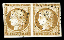 O N°1, 10c Bistre-jaune En Paire Horizontale, Jolie Pièce (signé Brun/certificat)   Cote: 825... - 1849-1850 Cérès