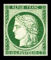 (*) N°2b, 15c Vert-foncé, Quatre Belles Marges Et Très Jolie Couleur, R.R.R (signé... - 1849-1850 Cérès