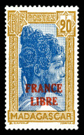 * Madagascar: N°255A, 20F Bistre Et Bleu Surchargé 'FRANCE LIBRE'. TTB (signé Calves/certificat) ... - Unused Stamps