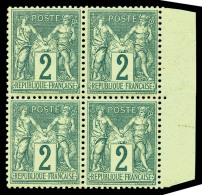 ** N°74, 2c Vert Type II, Bloc De Quatre Bdf, Fraîcheur Postale, TRES BON CENTRAGE, SUP (certificat)     ... - 1876-1898 Sage (Type II)