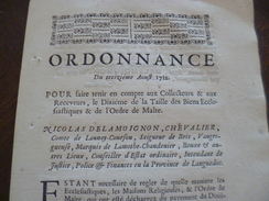 Ordonnance  13/08/1712 Dixème De Taille Biens Ecclésiastiques Et Ordre De Malte En L'état - Gesetze & Erlasse