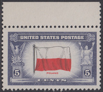 !a! USA Sc# 0909 MLH SINGLE W/ Top Margin - Overrun Countries: Poland - Unused Stamps