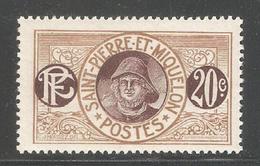 St Pierre & Miquelon 1909, Fisherman 20c ,Scott # 87,VF Mint L Hinged*OG (P-5) - Unused Stamps