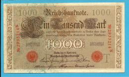 GERMANY - 1000 MARK - 1910 - Pick 44.b - 7 Digit RED SEAL - ( 189 X 109 ) Mm - REICHSBANKNOTE - IMPERIAL BANK NOTES - 1000 Mark