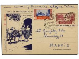 MARRUECOS. 1950. TETUAN A MADRID. Entero Postal De 20 + 5 Cts. Lila Y Azul (Ed. 90) Con Franqueo Adicional... - Autres & Non Classés