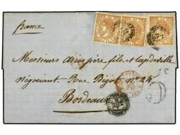 ESPAÑA. Ed.96(3). 1866. Circulada A FRANCIA. 50 Mils. Castaño (3). Mat. Fechador BILBAO A... - Otros & Sin Clasificación