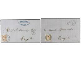 ESPAÑA. Ed.96. 1867-68. BADAJOZ. Dos Cartas Con Sello De 50 Mils. Castaño. Mat. R.C.... - Otros & Sin Clasificación