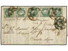 ESPAÑA. Ed.62 (6). 1863. SANTIAGO (Coruña) A BUENOS AIRES. 2 Reales Verde, Seis Sellos,... - Autres & Non Classés