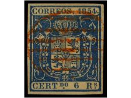 ° ESPAÑA. Ed.27. 6 Reales Azul. Mat. PARRILLA ROJA. MUY RARO Y De LUJO. Cert. COMEX. Cat.... - Andere & Zonder Classificatie