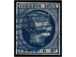 ° ESPAÑA. Ed.21. 6 Reales Azul, Mat. PARRILLA AZUL. MAGNÍFICO EJEMPLAR. Cert.... - Autres & Non Classés