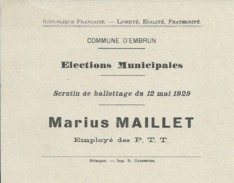 ELECTIONS TRACT  HAUTES ALPES EMBRUN 1929 - Historische Dokumente