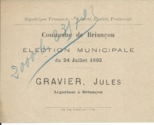 ELECTIONS TRACT  HAUTES ALPES BRIANCON 1892 - Documents Historiques