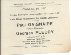 ELECTIONS TRACT  HAUTES ALPES GAP 1927 - Historical Documents