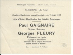 ELECTIONS TRACT  HAUTES ALPES GAP 1927 - Historical Documents