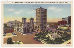 SAN ANTONIO TX-San Fernando Cathedral-Frost Bldg-Main Plaza Park C1940s Postcard - San Antonio