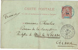 BROC39- MADAGASCAR  EP CP ALLEGORIE 10c A DESTINATION DE NOTRE DAME DE LIESSE JUILLET 1904 - Lettres & Documents