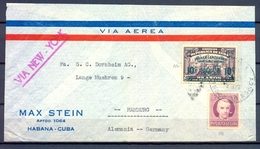 CUBA , LA HABANA - HAMBURGO , CORREO AÉREO VIA NUEVA YORK , YV. 177 , 254 , CENTENARIO DEL FERROCARRIL EN LA ISLA - Briefe U. Dokumente