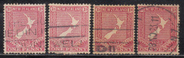 1d X 4 Used, Diff., Paper / Perferation, Restoration Of Penny Postage Series, Map, New Zealand 1923 - Gebruikt