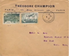 France 1937 Cover To Costa Rica With 90 C. Col De L'Iseran + 85 C. Air Mail Stamp - 1927-1959 Covers & Documents