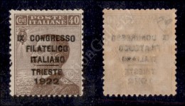 1922 - 40 Cent Congresso Filatelico (126d - I Allineate) Nuovo Con Gomma Integra - Diena (2.000) - Other & Unclassified