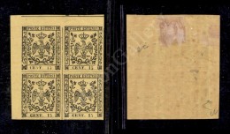 1852 - 15 Cent Giallo (3) In Quartina Angolare  Nuova Con Gomma -  Integra Per La Coppia Inferiore - Splendida -... - Altri & Non Classificati