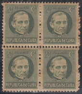 1917-216 CUBA REPUBLICA. 1917-28. 20c JOSE ANTONIO SACO. BLOCK 4 GOMA ORIGINAL. - Unused Stamps